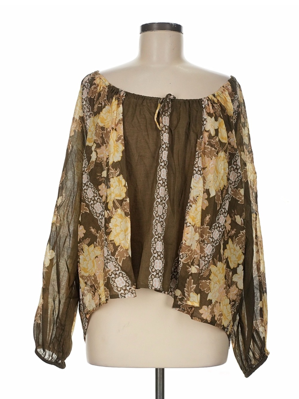 Free People Olive Floral Peasant Blouse with Yellow Accents